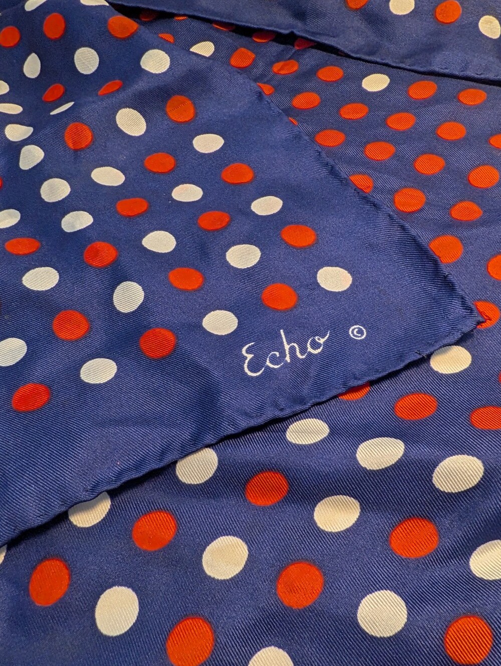 Vintage Echo Blue Polka Dot Scarf - Rough Condition/Project Piece